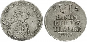 Altdeutsche Münzen und Medaillen, Brandenburg-Ansbach, Alexander, 1757-1791
1/6 Taler 1757 Schwabach. 
sehr schön, Schrötlingsfehler