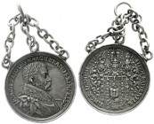 Altdeutsche Münzen und Medaillen, Brandenburg-Preußen, Joachim Friedrich, 1598-1608
Schaumünze mit 3 Ösen an Kette 1598 unsigniert (Tobias Wolff?) Br...