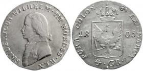 Altdeutsche Münzen und Medaillen, Brandenburg-Preußen, Friedrich Wilhelm III., 1797-1840
4 Groschen = 1/6 Taler 1805 A. gutes vorzüglich, kl. Schrötl...