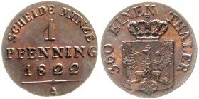 Altdeutsche Münzen und Medaillen, Brandenburg-Preußen, Friedrich Wilhelm III., 1797-1840
1 Pfenning 1822 A. fast Stempelglanz, Prachtexemplar mit fei...