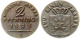 Altdeutsche Münzen und Medaillen, Brandenburg-Preußen, Friedrich Wilhelm III., 1797-1840
2 Pfenninge 1825 A. vorzüglich, schöne Kupferpatina