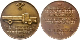 Medaillen, Drittes Reich
Bronzemedaille 1935. NSKK-Versuchsfahrt mit heimischen Treibstoffen. 60 mm. 
vorzüglich, fleckig