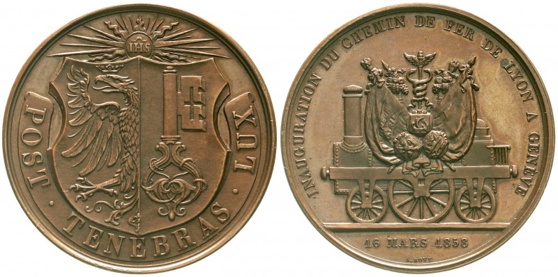 Medaillen, Eisenbahn
Bronzemedaille 1858 v. Bovy, a.d. Eröffnung der Eisenbahnl...