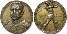 Medaillen, Erster Weltkrieg
Große Bronzegußmedaille 1914. v. Loewenthal, a.d. Schlachten bei Tannenberg und Ortelsburg. Unif. Brb. Hindenburg v.v./Ri...