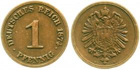Reichskleinmünzen, 1 Pfennig kleiner Adler, Kupfer 1873-1889
1874 H. sehr schön