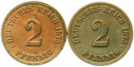 Reichskleinmünzen, 2 Pfennig kleiner Adler, Kupfer 1873-1877
2 Stück: 1873 C und F. sehr schön, Schrötlingsfehler und Randfehler, schön