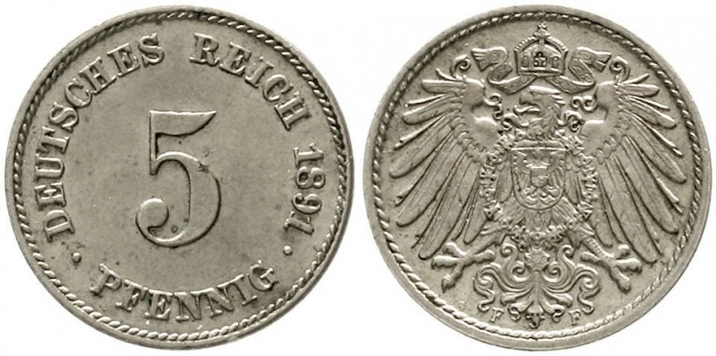 Reichskleinmünzen, 5 Pfennig großer Adler, Kupfer/Nickel 1890-1915
1891 F. fast...