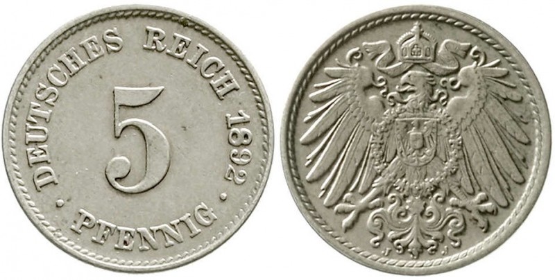 Reichskleinmünzen, 5 Pfennig großer Adler, Kupfer/Nickel 1890-1915
1892 J. fast...