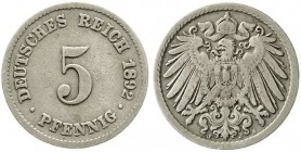 Reichskleinmünzen, 5 Pfennig großer Adler, Kupfer/Nickel 1890-1915
1892 J. fast sehr schön