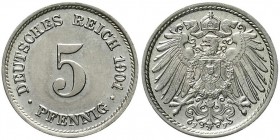 Reichskleinmünzen, 5 Pfennig großer Adler, Kupfer/Nickel 1890-1915
1901 F. Stempelglanz, Prachtexemplar