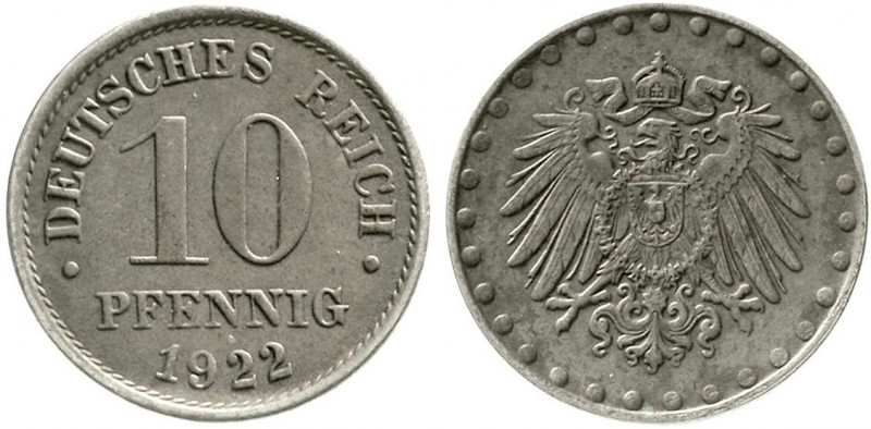 Reichskleinmünzen, 10 Pfennig, Eisen 1916-1922
1922 ohne Mzz. 
sehr schön/vorz...