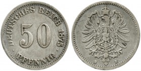 Reichskleinmünzen, 50 Pfennig kleiner Adler, Silber 1875-1877
1875 H. fast sehr schön, selten