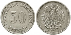 Reichskleinmünzen, 50 Pfennig kleiner Adler, Silber 1875-1877
1875 H. fast sehr schön, selten