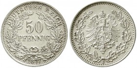 Reichskleinmünzen, 50 Pfennig kl. Adler Eichenzweige Silber 1877-1878
1877 E. vorzüglich/Stempelglanz