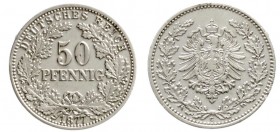 Reichskleinmünzen, 50 Pfennig kl. Adler Eichenzweige Silber 1877-1878
1877 G. sehr schön/vorzüglich, winz. Randfehler