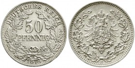 Reichskleinmünzen, 50 Pfennig kl. Adler Eichenzweige Silber 1877-1878
1878 E. sehr schön/vorzüglich, selten