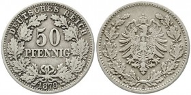 Reichskleinmünzen, 50 Pfennig kl. Adler Eichenzweige Silber 1877-1878
1878 E. fast sehr schön, selten