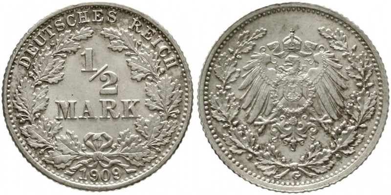 Reichskleinmünzen, 1/2 Mark gr. Adler Eichenzweige, Silber 1905-1919
1909 G. fa...