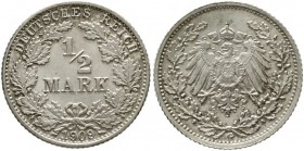 Reichskleinmünzen, 1/2 Mark gr. Adler Eichenzweige, Silber 1905-1919
1909 G. fast Stempelglanz