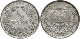 Reichskleinmünzen, 1/2 Mark gr. Adler Eichenzweige, Silber 1905-1919
1915 E. Polierte Platte