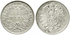 Reichskleinmünzen, 1 Mark kleiner Adler, Silber 1873-1887
1880 D. vorzüglich, kl. Randfehler