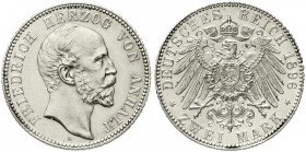Reichssilbermünzen J. 19-178, Anhalt, Friedrich I., 1871-1904
2 Mark 1896 A. Polierte Platte, leicht berieben und Randriffelung nachgefeilt