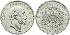 Reichssilbermünzen J. 19-178, Anhalt, Friedrich I., 1871-1904
5 Mark 1896 A. prägefrisch/fast Stempelglanz, kl. Kratzer und Randfehler