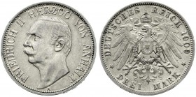 Reichssilbermünzen J. 19-178, Anhalt, Friedrich II., 1904-1918
3 Mark 1909 A. sehr schön, kl. Kratzer