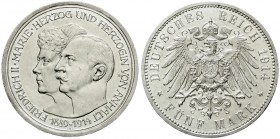Reichssilbermünzen J. 19-178, Anhalt, Friedrich II., 1904-1918
5 Mark 1914 A. Silberne Hochzeit. 
vorzüglich/Stempelglanz, kl. Kratzer
