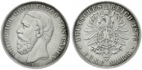 Reichssilbermünzen J. 19-178, Baden, Friedrich I., 1856-1907
5 Mark 1876 G. A ohne Querstrich 
gutes sehr schön