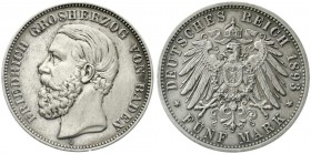 Reichssilbermünzen J. 19-178, Baden, Friedrich I., 1856-1907
5 Mark 1893 G. Seltenes Jahr. 
sehr schön/vorzüglich, berieben