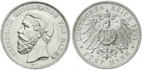 Reichssilbermünzen J. 19-178, Baden, Friedrich I., 1856-1907
5 Mark 1901 G. fast Stempelglanz, min. Randfehler, selten in dieser Erhaltung
