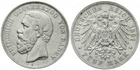 Reichssilbermünzen J. 19-178, Baden, Friedrich I., 1856-1907
5 Mark 1891 G. A ohne Querstrich. 
sehr schön, kl. Kratzer, selten