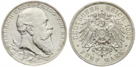 Reichssilbermünzen J. 19-178, Baden, Friedrich I., 1856-1907
5 Mark 1902. 50 jähriges Regierungsjubiläum. 
vorzüglich/Stempelglanz