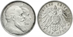 Reichssilbermünzen J. 19-178, Baden, Friedrich I., 1856-1907
5 Mark 1906. Zur goldenen Hochzeit. 
vorzüglich, Schrötlingsfehler