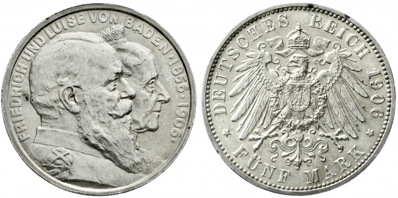 Reichssilbermünzen J. 19-178, Baden, Friedrich I., 1856-1907
5 Mark 1906. Zur g...