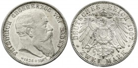Reichssilbermünzen J. 19-178, Baden, Friedrich I., 1856-1907
2 Mark 1907. Auf seinen Tod. 
vorzüglich/Stempelglanz, kl. Randfehler