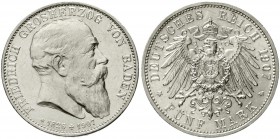 Reichssilbermünzen J. 19-178, Baden, Friedrich I., 1856-1907
5 Mark 1907. Auf seinen Tod. 
vorzüglich/Stempelglanz
