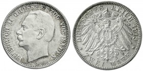 Reichssilbermünzen J. 19-178, Baden, Friedrich II., 1907-1918
2 Mark 1913 G. vorzüglich/Stempelglanz, schöne Tönung