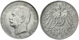 Reichssilbermünzen J. 19-178, Baden, Friedrich II., 1907-1918
5 Mark 1913 G. fast Stempelglanz, feine Tönung