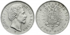 Reichssilbermünzen J. 19-178, Bayern, Ludwig II., 1864-1886
5 Mark 1875 D. fast Stempelglanz