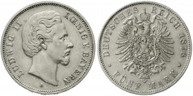 Reichssilbermünzen J. 19-178, Bayern, Ludwig II., 1864-1886
5 Mark 1876 D. fast vorzüglich