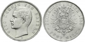 Reichssilbermünzen J. 19-178, Bayern, Otto, 1886-1913
5 Mark 1888 D. fast Stempelglanz, Prachtexemplar, sehr selten in dieser Erhaltung
