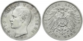 Reichssilbermünzen J. 19-178, Bayern, Otto, 1886-1913
5 Mark 1896 D. Seltener Jahrgang. 
gutes sehr schön, winz. Randfehler