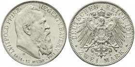 Reichssilbermünzen J. 19-178, Bayern, Luitpold 1911-1912
2 Mark 1911 D. Zum 90 jähr. Geb. m. Lebensdaten. 
Polierte Platte, etwas berieben