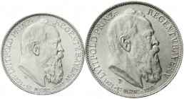 Reichssilbermünzen J. 19-178, Bayern, Luitpold 1911-1912
2 und 3 Mark 1911 D. Zum 90 jähr. Geb. 
beide fast Stempelglanz