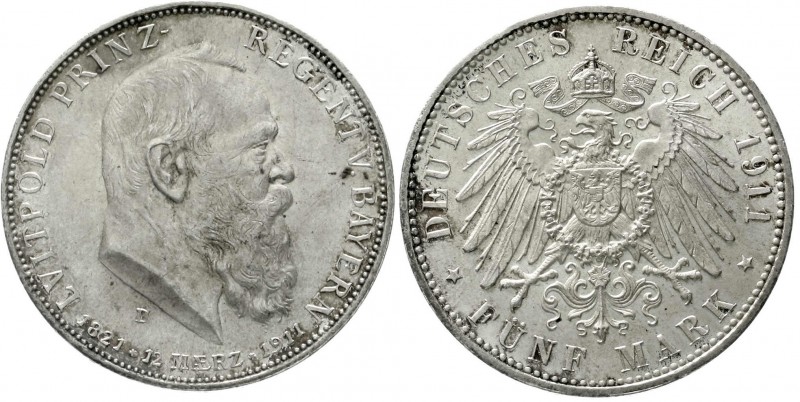 Reichssilbermünzen J. 19-178, Bayern, Luitpold 1911-1912
5 Mark 1911 D. Zum 90 ...