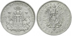 Reichssilbermünzen J. 19-178, Hamburg
5 Mark 1875 J. fast Stempelglanz, Prachtexemplar