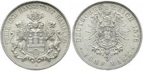 Reichssilbermünzen J. 19-178, Hamburg
5 Mark 1876 J. vorzüglich/Stempelglanz