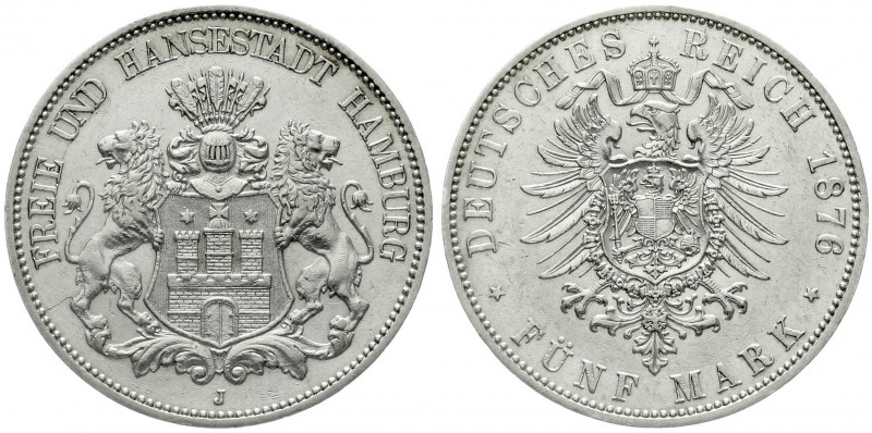 Reichssilbermünzen J. 19-178, Hamburg
5 Mark 1876 J. gutes vorzüglich